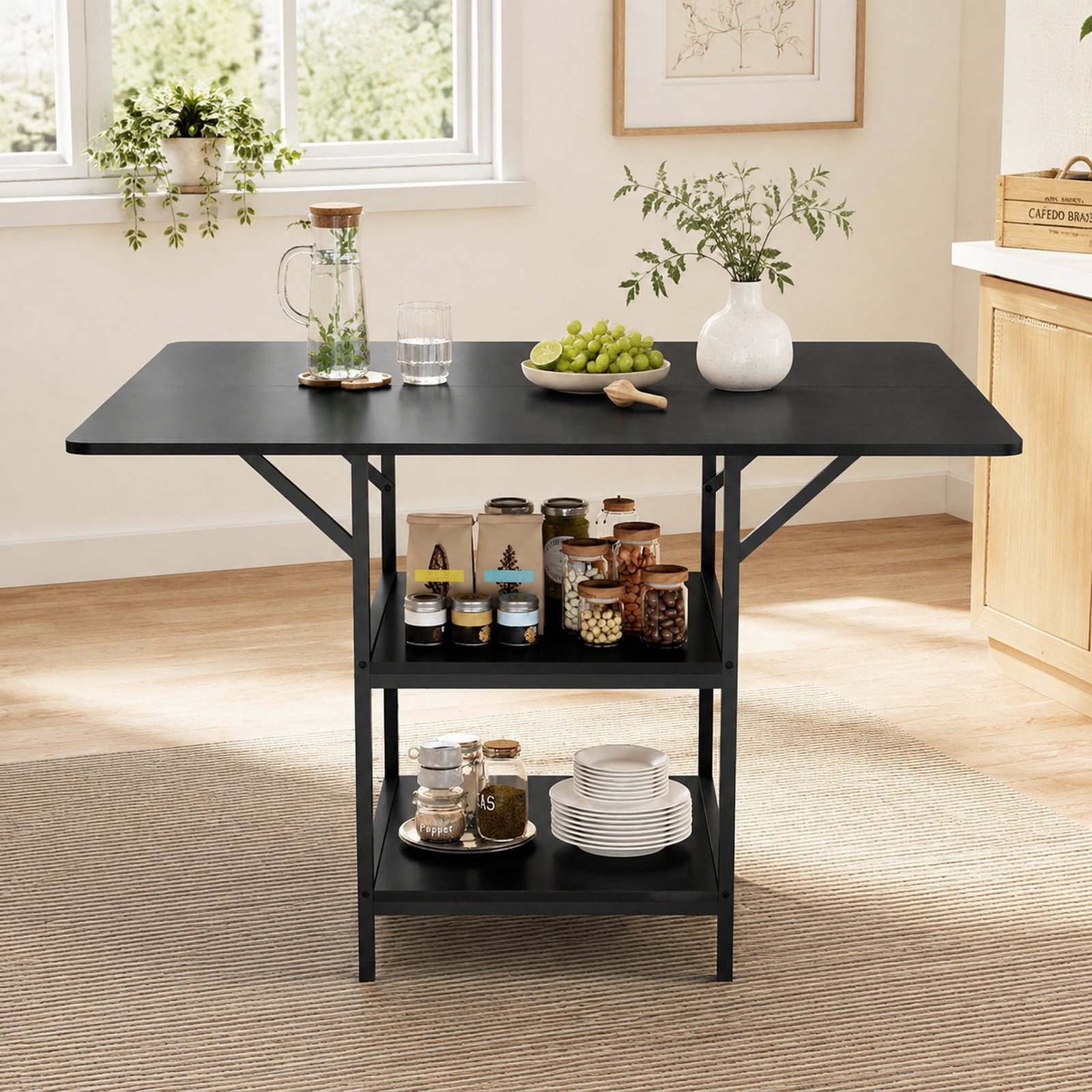 Furnibear 47 Inch Rectangular Dining Table for 4 to 6 with 2 Open Storage Shelves and Sturdy Metal Legs for Kitchen and Dining Room, Black