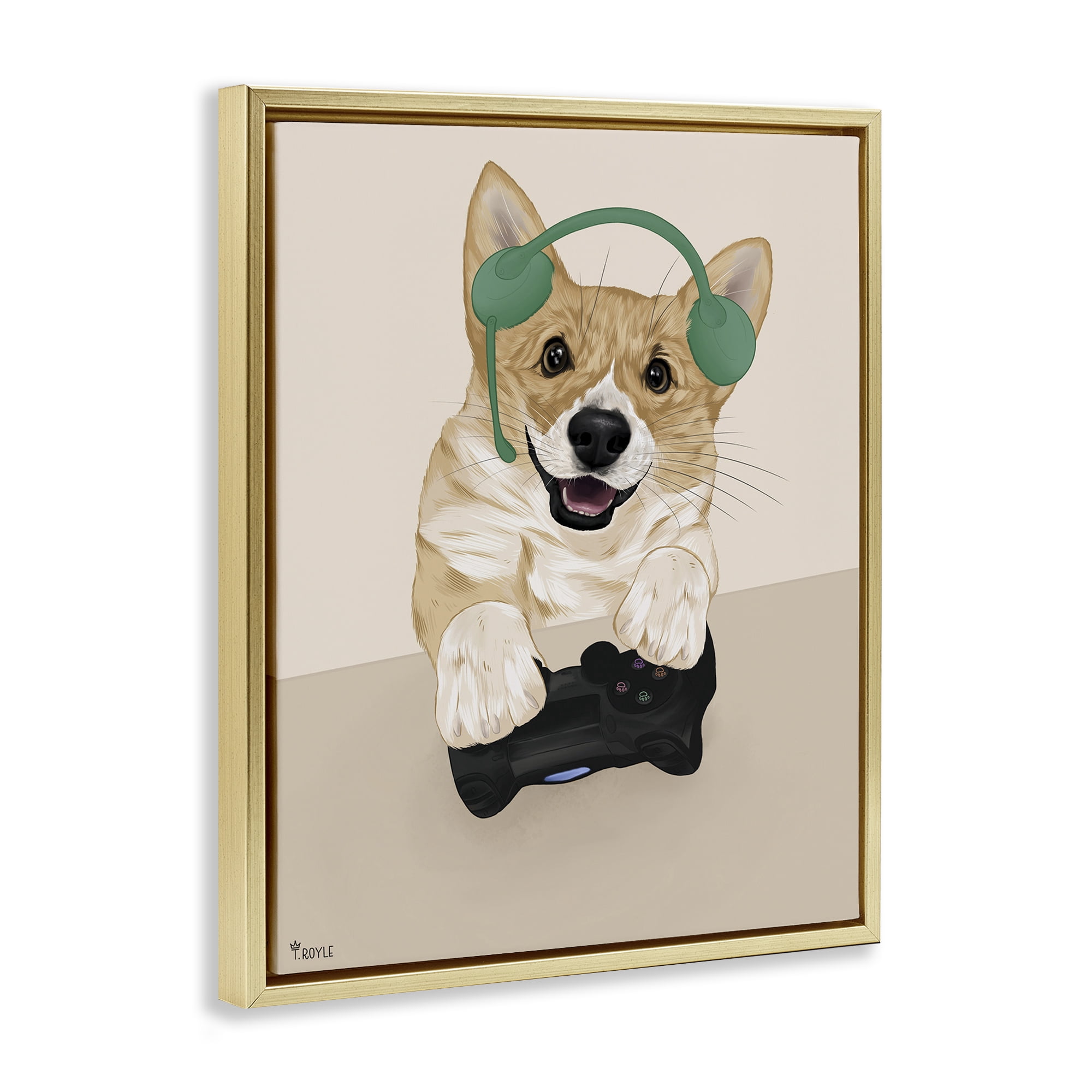 Stupell Industries Happy Gamer Dog Animals & Insects Painting Gold Floater Framed Art Print Wall Art, 25 x 31