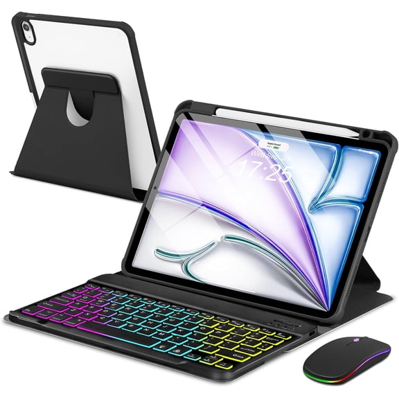 7 Rainbow Backlight Rechargeable Detachable Keyboard Kit with Silent Mouse, 360 Swivel Magnetic Stand Case & Pencil Holder for iPad Air 4/5/6/7 10.9/11 M Series，Black