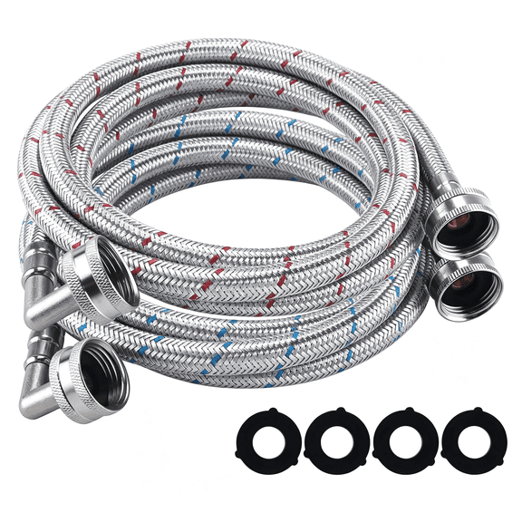 ICERUN 6Ft Premium Stainless Steel Washing Machine Hoses with 90 Degree Elbow No-Lead Burst-Proof 3/4"Fht Standard Thread Washer Hoses Hot&Cold Water Inlet Supply Lines for Washer-2Pcs by