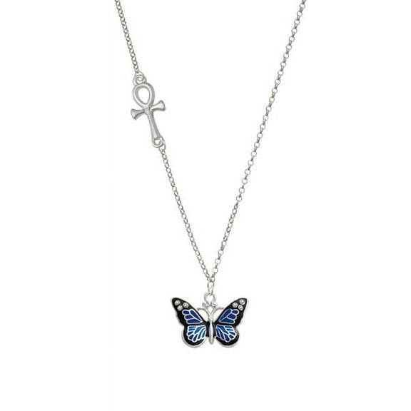 Large Blue Butterfly with 6 AB Crystals Delicate Ankh Necklace
