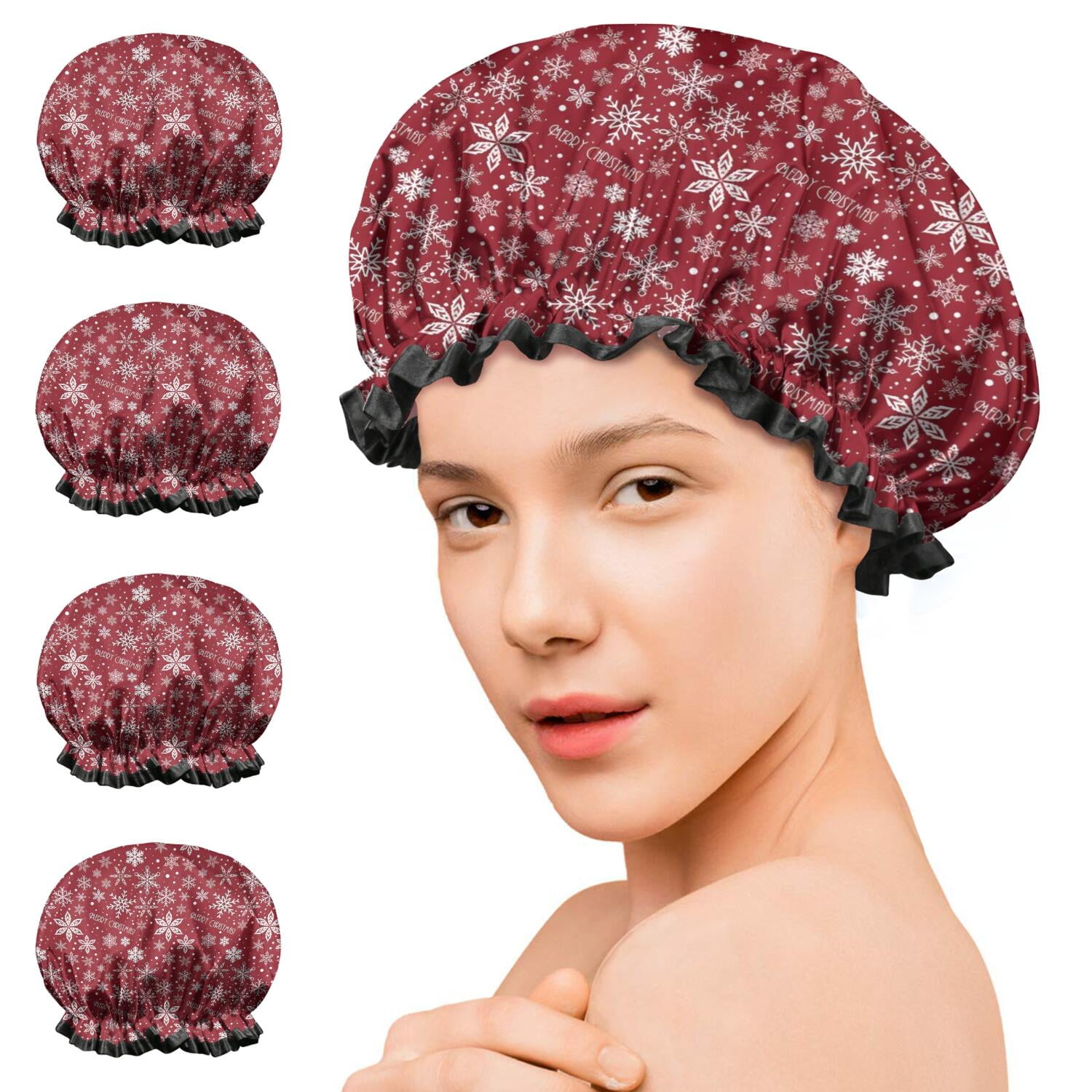 Shower Caps,Red Christmas Snowflake Pattern Waterproof Shower Cap for Women 4 Pieces,Double Reusable Hair Cover for Shower PEVA Elastic Stretch Hem