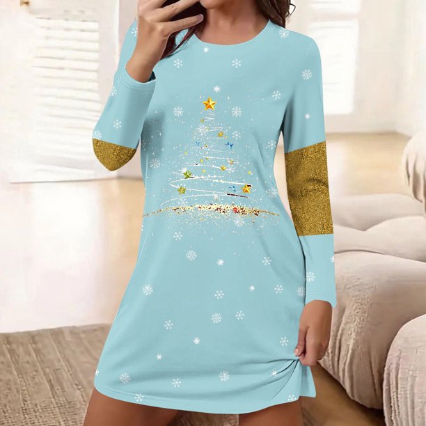 Camisón corto holgado y cómodo con cuello redondo y manga larga estampado para mujer