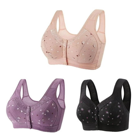 Mrat Wireless Bra with Support 3pc Front Snaps Full Cover Bras for Women Comfortable Button Close Sports Bras Breathable Everyday Bras Underwear S-195 Pink-A S