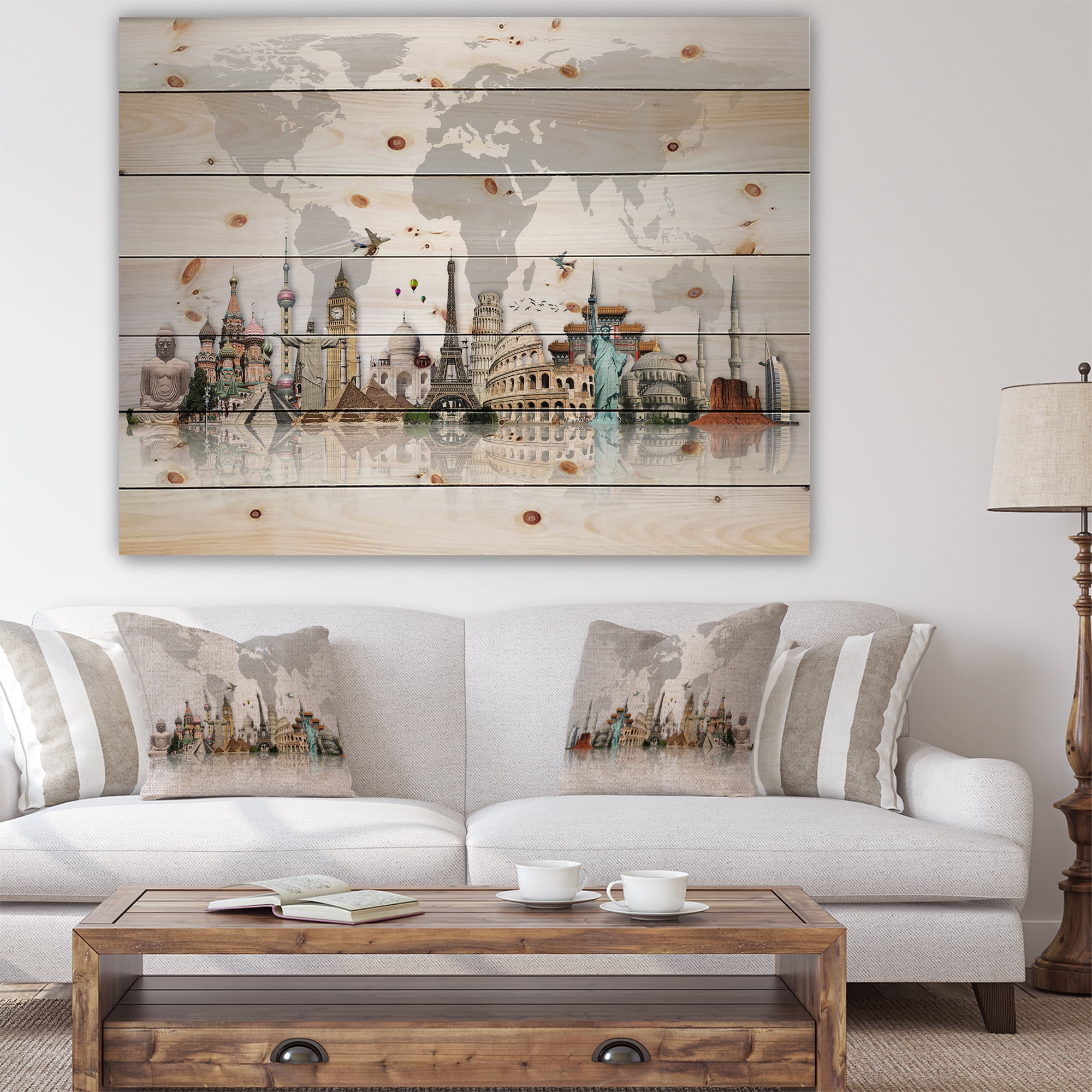 Designart 'World Famous Monuments' Print on Natural Pine Wood