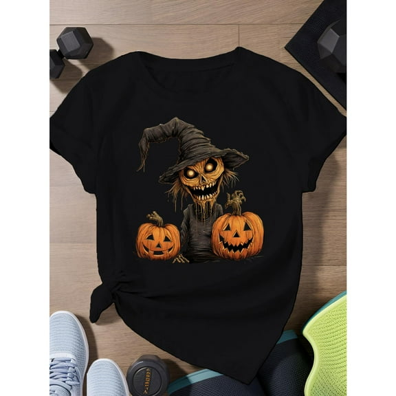 Dark Halloween Scarecrow Themed Graphic Tee, Tops Has Creepy Scarecrow   Jack - O'- Lanterns Design, Round Neck Regular Fit T - shirts, Size(S - 5XL)