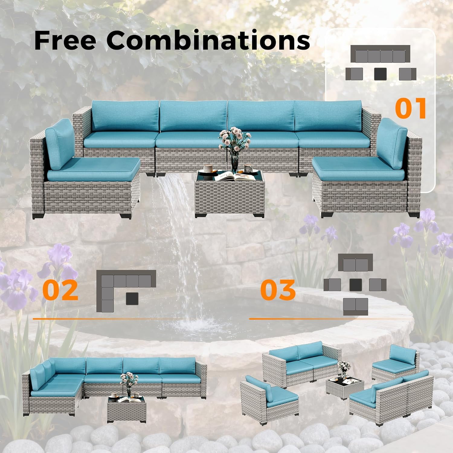 12-Seat Modular Patio Furniture Set – Outdoor Wicker Sectional Sofa with Thick 4″ Cushions, Dual-Strand PE Rattan, Rust-Resistant 18 mm Steel Frame, Backyard Garden Deck Lounge,Blue