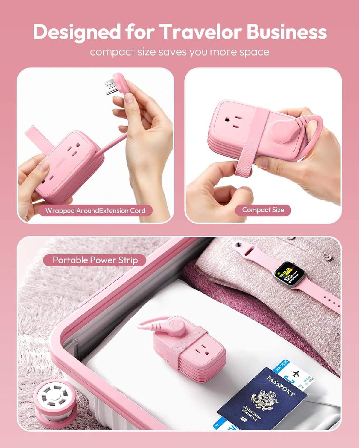 JJEAN-Pink Travel Power Strip,Travel Essentials 4 Outlets 3 USB(1 C) with 4FT Wrapped Extension Cord Flat Plug, Cruise Essentials 2026 for Hotel Travel Cruise Essentials