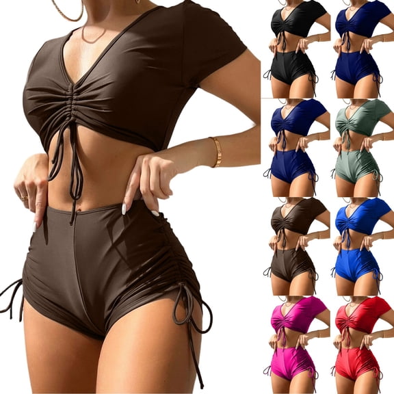 Minjewel Women's High Waisted Two Piece Swimsuit Set, Short Sleeve Top & Bottom, Sexy Bathing Suit for Women,Black L