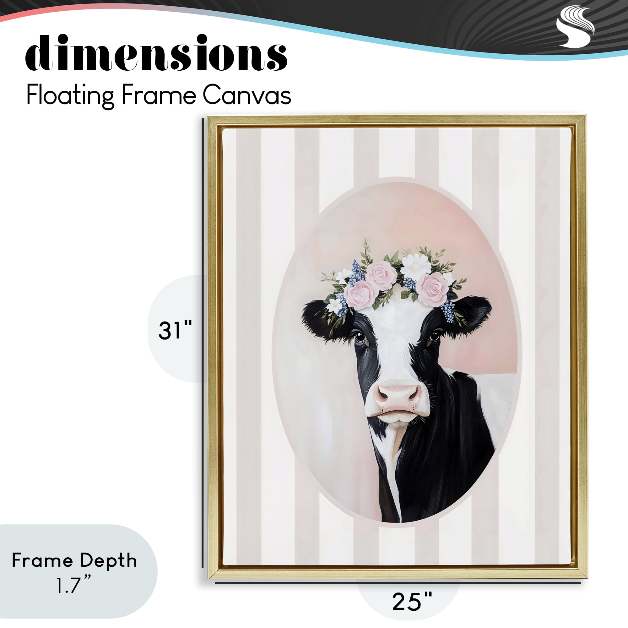 Stupell Industries Soft Cow with Floral Crown Gold Framed Floater Canvas Wall Art, design by Arlington Prints