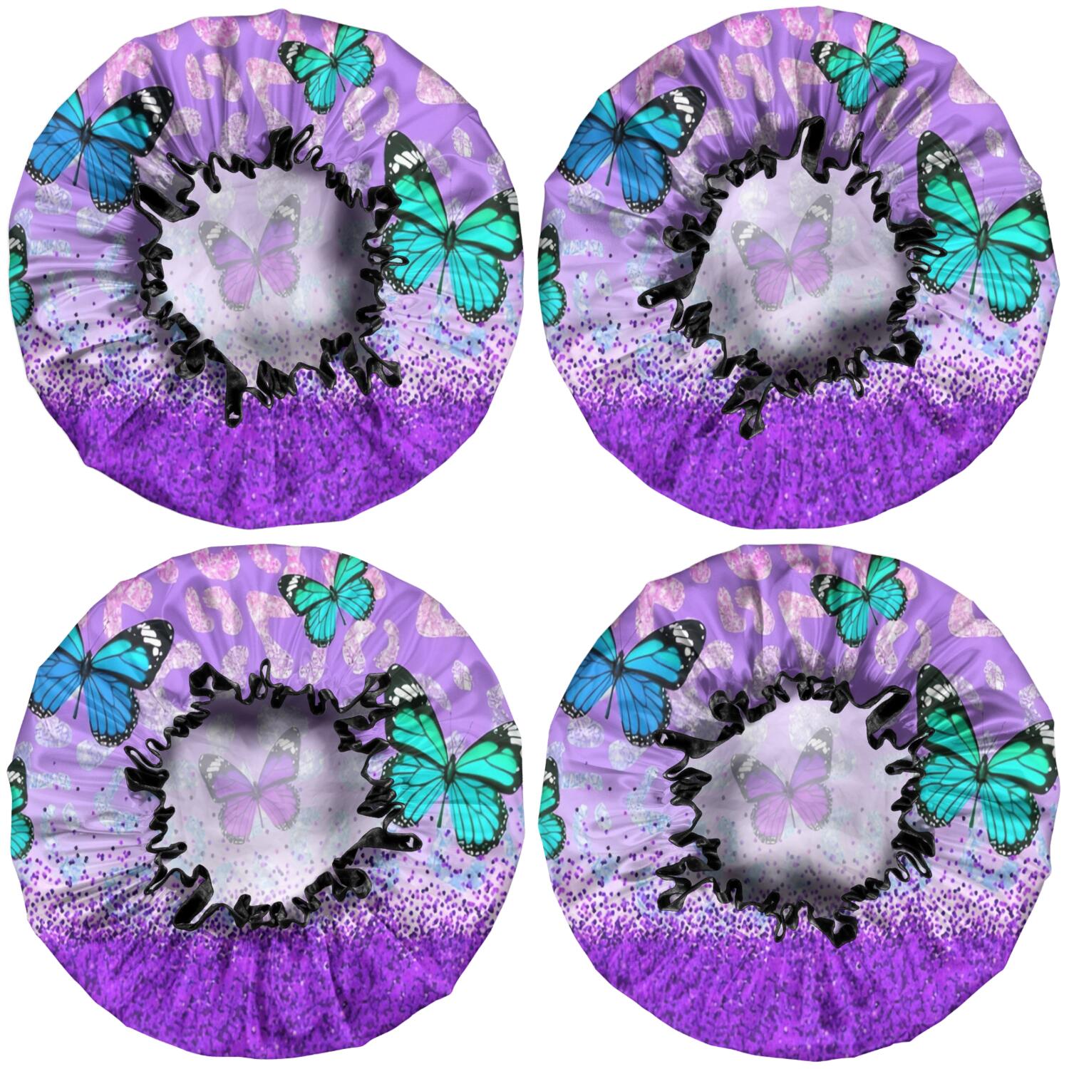 Shower Caps,Purple Butterfly Leopard Pattern Waterproof Shower Cap for Women 4 Pieces,Double Reusable Hair Cover for Shower PEVA Elastic Stretch Hem