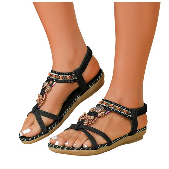 Rokment Womens Bohemian Beach Wedge Low Heels Dressy Sandals Ethnic Vintage Rhinestones Heart Charms Elastic Ankles Strap Comfortable Dress Walking Summer Shoes A Size 6