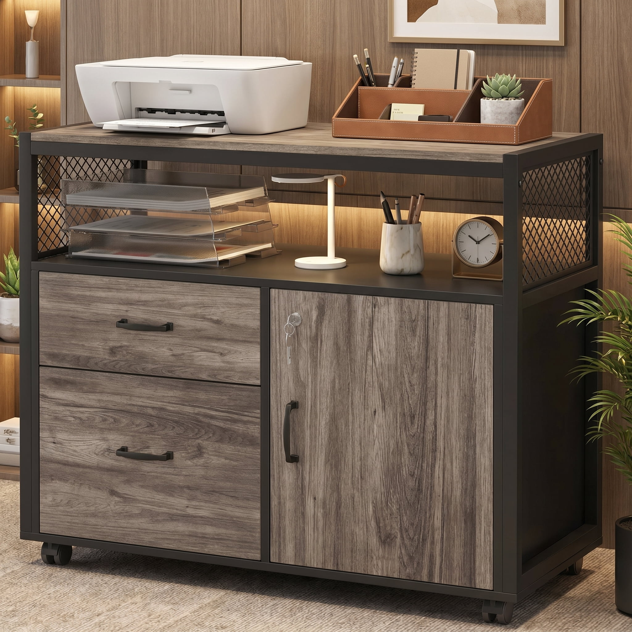 Fnova Modern File Cabinet with Drawers for Letter-Sized File, Lockable Lateral Filing Cabinet with Storage Shelves with Rolling Caster, Grey