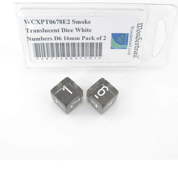 Smoke Translucent Dice with White Numbers D6 Aprox 16mm (5/8in) Pack of 2 Wondertrail