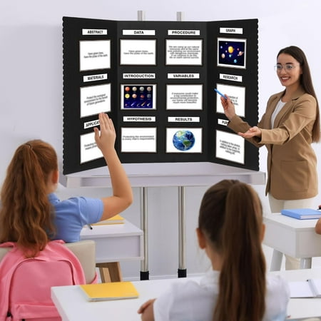 Trifold Poster Board with Storage Bag, Hook and Fabric, Foldable 3 Panel Presentation Board for Science Fair and Exhibitions (Black, 54 x 30 Inch)
