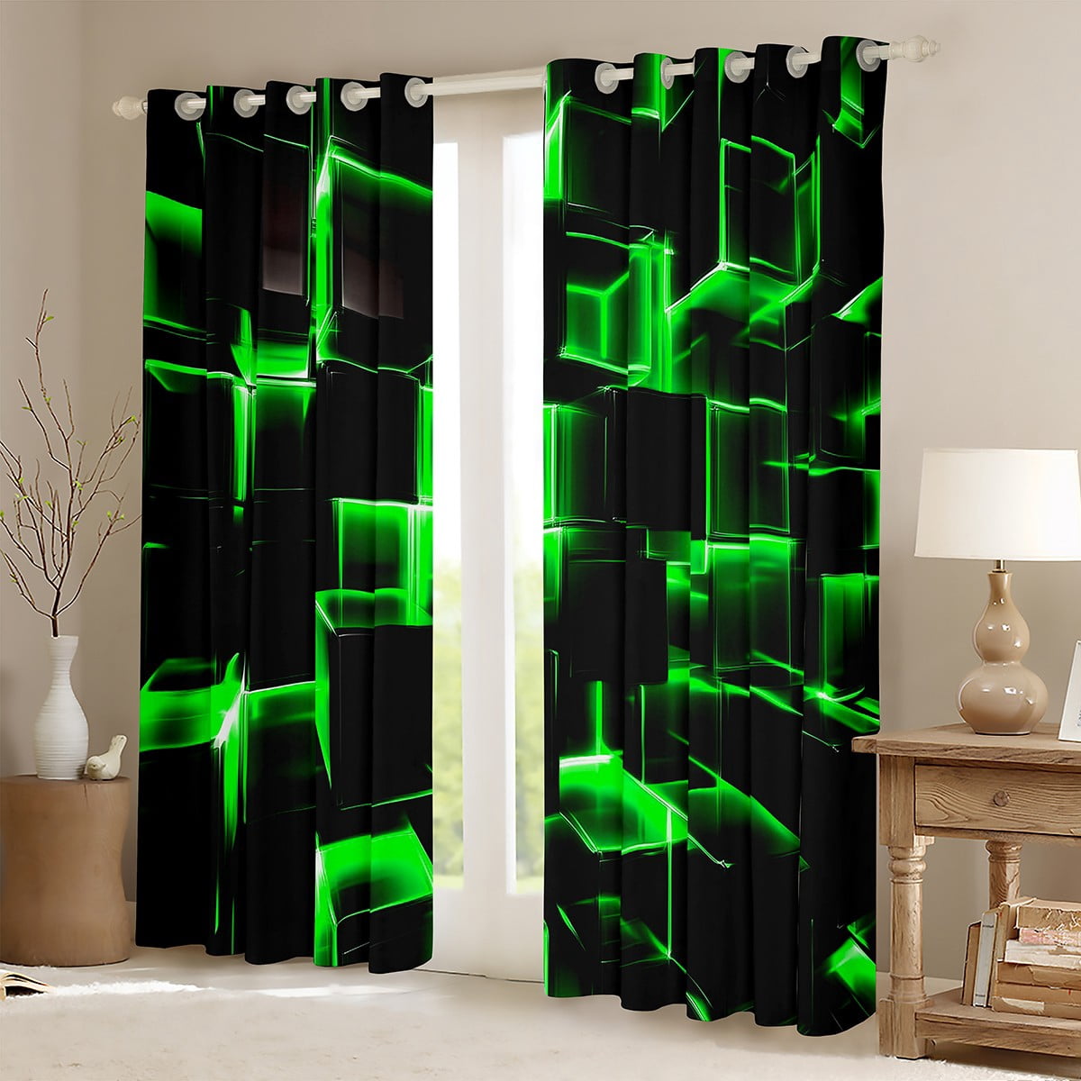 Erosebridal Futuristic Cubes Curtains and Drapes (38Wx54L),Neon Green 30%-50% Blackout Curtains for Bedroom,Curtains for Living Room,Geometric Room Decorative