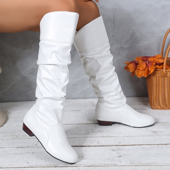 Women’s Plus Size Round Toe Low Heel Knee High Boots, Versatile Comfort Tall Boots, Casual Fashion Fall Winter Knee High Boots for Wide Feet Ladies White 4.5