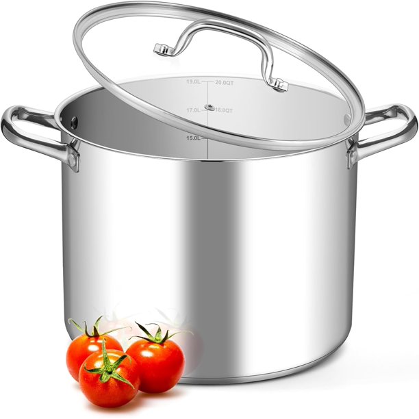 Olla de 20 cuartos de galón, olla de sopa de acero inoxidable 18/10 con tapa, olla resistente compatible con todas las estufas, utensilios de cocina para pasta, mariscos