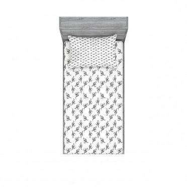 Kangaroo Fitted Sheet & Pillow Sham Set, Hand-Drawn Pencil Sketched Style Long Tailed Animal Plain Background, Decorative Printed 2 Piece Bedding Decor Set, Twin, Black White, by Ambesonne