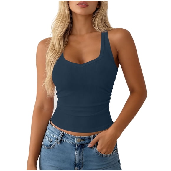 cfhntfmh Womens Sleeveless Tank Top Ribbed Knit Spaghetti Strap Square Neck Basic Cami Layering Shirts Crop Tank Vacation Clothes