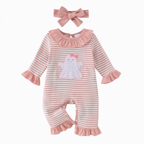 YDFCWXW Girl Romper Baby Clothes Long Sleeve Ruffle Jumpsuit, Coming Home Homemade Rolls Striped Print with Headband (Pink, 6-12 Months)