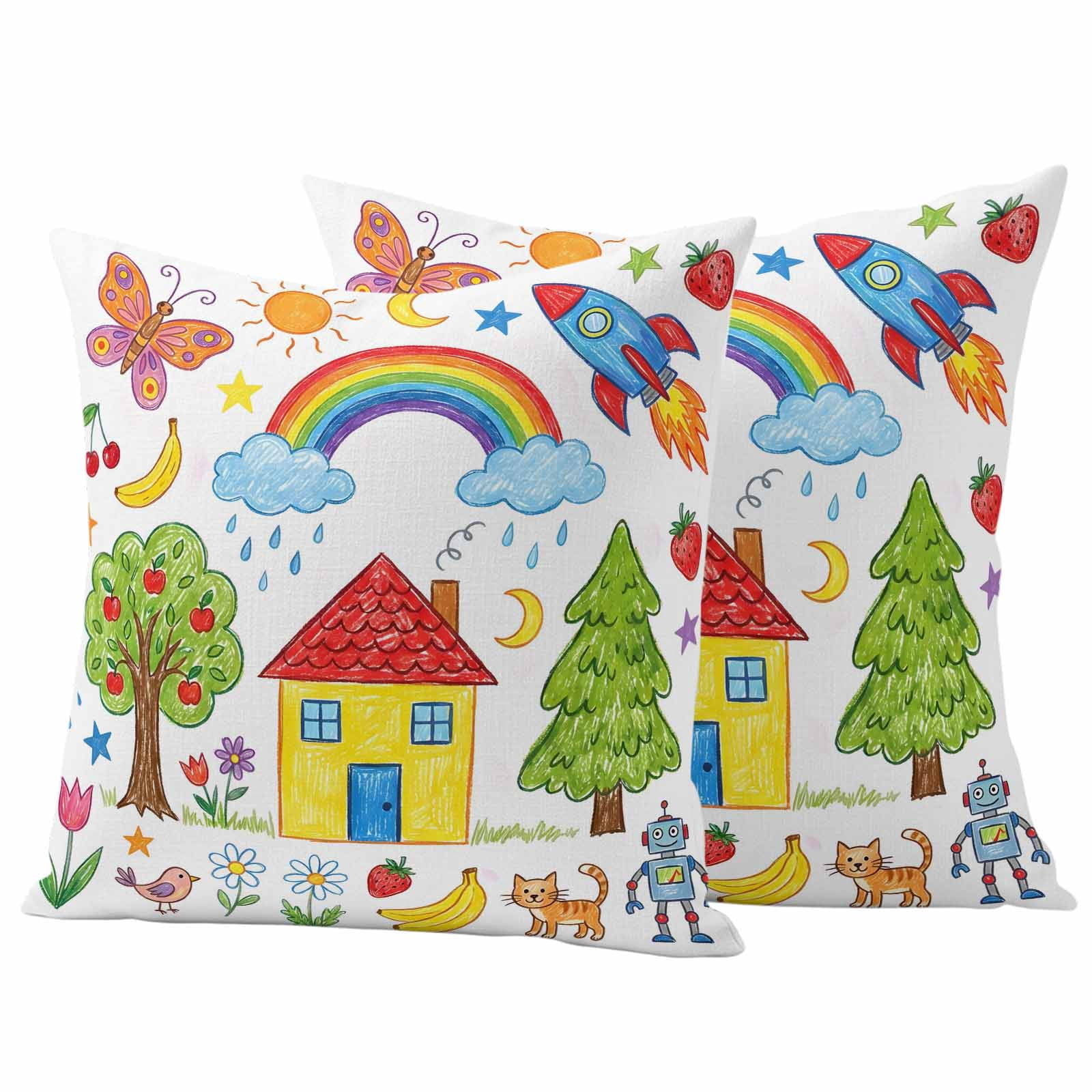 Children's Day Outdoor Waterproof Throw Pillow Covers 20x20 Set of 2, Cartoon Painting Rainbow Rocket Butterfly Decorative Pillowcases Cushion Pillowcase for Couch Sofa Patio Outside Pillow Protector