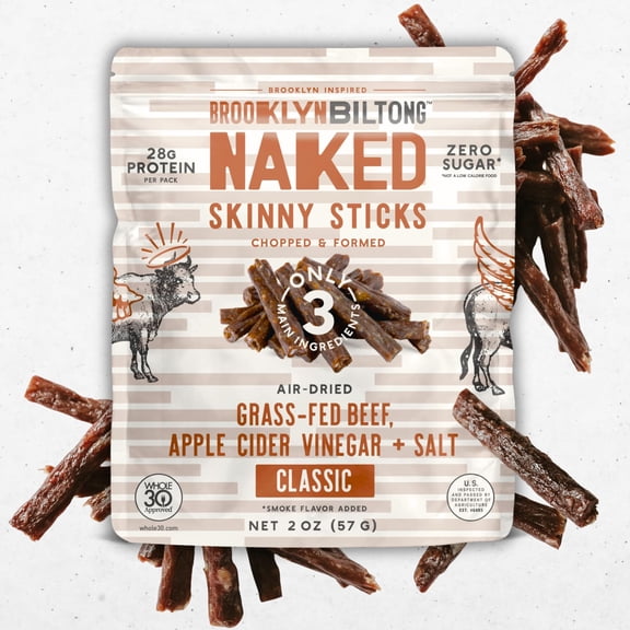 Brooklyn Biltong Naked Skinny AIF9 Sticks (Naked 2 2) - Grass-Fed Biltong Beef Jerky Meat Stick - 14g High Protein Snacks - Premium Air Dried, Paleo, Keto, Gluten Free, Sugar Free - Made in USA