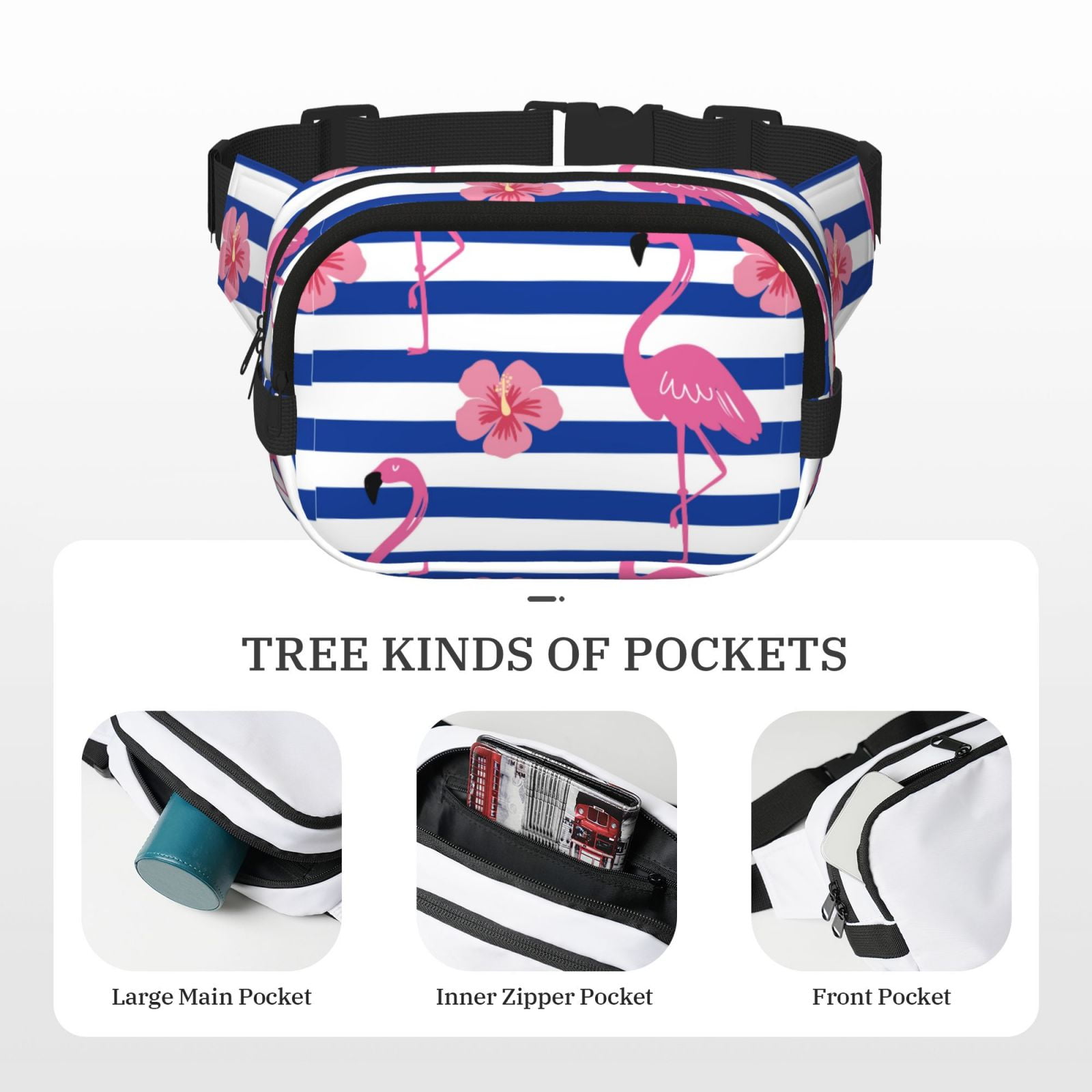 Picia Flamingo Print Square Double-Layer Waist Bag Mini Adjustable Waist Belt Bag Exercise Running Travel Hiking