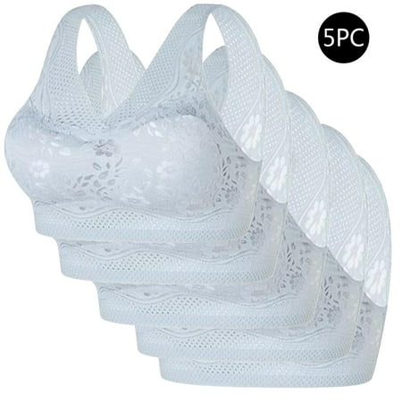 REORIAFEE Bras for Women Push up 5 Pack Gathered Together Wireless Bras Solid Brassiere Breathable Wide Strap Comfy Corset Underwear Classic Comfortable Support Lingerie Gray XXXL
