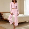 thumbnail image 2 of vdgthytj Loungewear Sets for Women Long Sleeve Button Lapel Collar Crop Tops Wide Leg Pants Fall Fashion Casual Ribbed 2 Piece Outfits(Large,Pink), 2 of 7