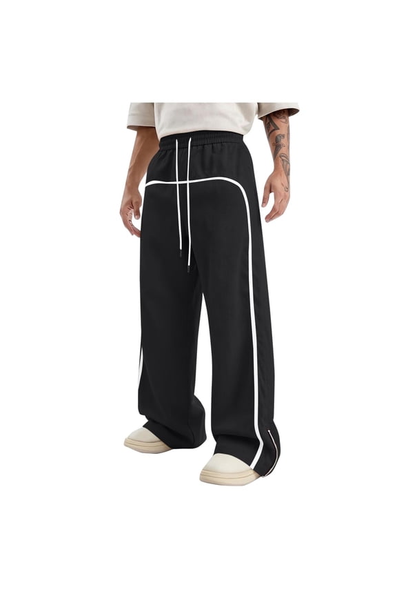 Men's Solid Jogger Pants, Elastic Drawstring Waist, Zipper Cuffs & Pockets, Casual Athletic Trousers Black M