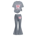 thumbnail image 2 of Bainana Girls Stylish Outfits Set Child Leopard Bow Print Short Sleeve Tops Elastic Waist Flare Leg Pants Fashion Casual Girls Summer Clothes Set Grey Size 8-9 Years, 2 of 4