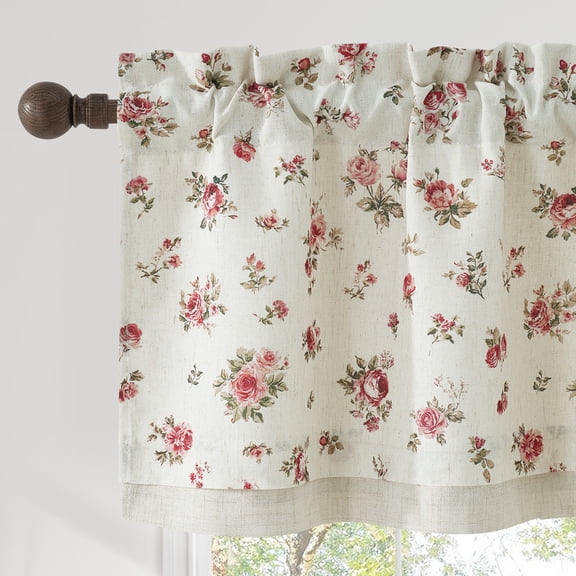 NICETOWN Valance Curtains for Windows, Double Layer Floral Linen Kitchen Curtains, Rod Pocket Farmhouse Rose Pattern Semi Sheer Light Filtering Linen Cafe Curtains, Red, 52"x18", 1 Panel