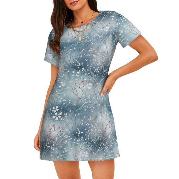 Bixox enchanted winter snowflake holly Pattern Women's Nightgown, Soft & Breathable Sleepwear, Round Neck Knee-Length Pajama Dress,Loungewear for Home & Sleep