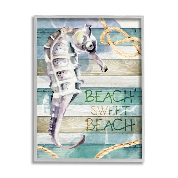 Stupell Sweet Beach Seahorse Nautical Rope Landscape Painting Gray Framed Art Print Wall Art