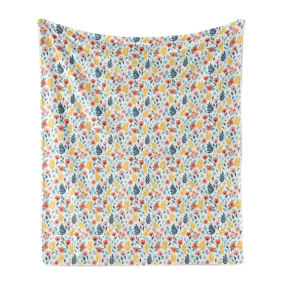 Floral Soft Flannel Fleece Throw Blanket, Continuous Minimalist Meadow Flowers Cheerful Motifs and Tones Pattern, Cozy Plush for Indoor and Outdoor Use, 50" x 70", Salmon and Multicolor, by Ambesonne