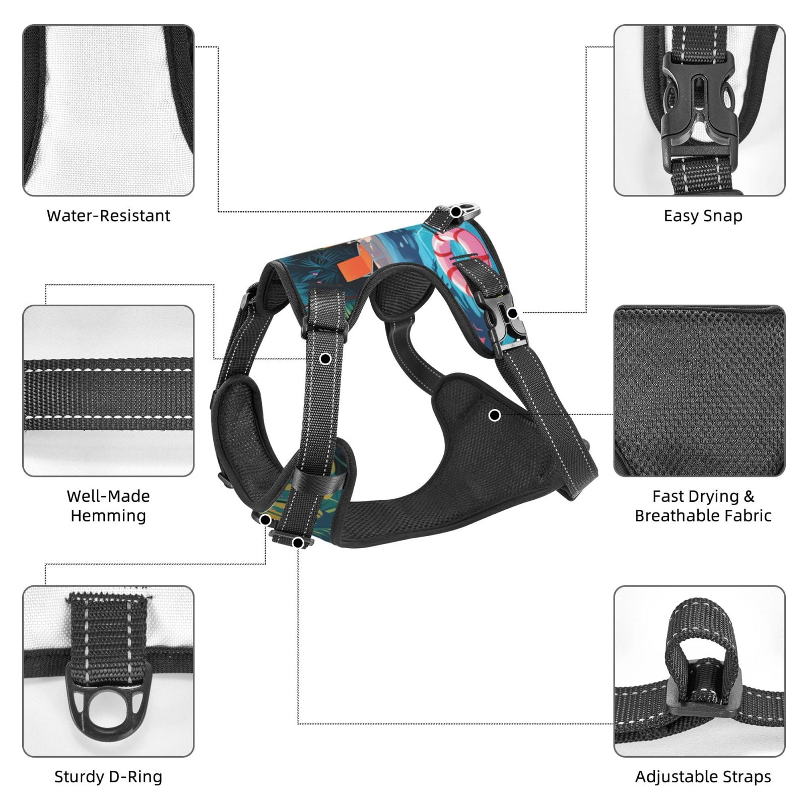 Kdxio Tropical Poolside Relaxation Print No Pull Dog Harness Adjustable Reflective Oxford Easy Control Medium Large Dog Harness for Training and Everyday-X-Large