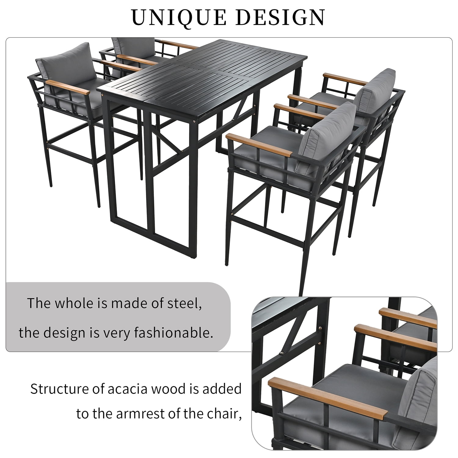 Kadyn 5-Piece Steel Outdoor Dining Set, Patio Dining Set for Balcony Or Backyard with Acacia Wood Armrest Suitable, Black