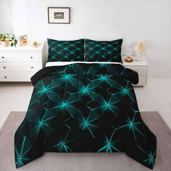 Manfei Boys Children Geometric Grid Plaid 2pcs Bedding Comforter Set,Abstract Neon Lights Twin Comforter Sets,Futuristic Cubes Breathable Bedding Set,Luxury Bedroom Decor,Reversible