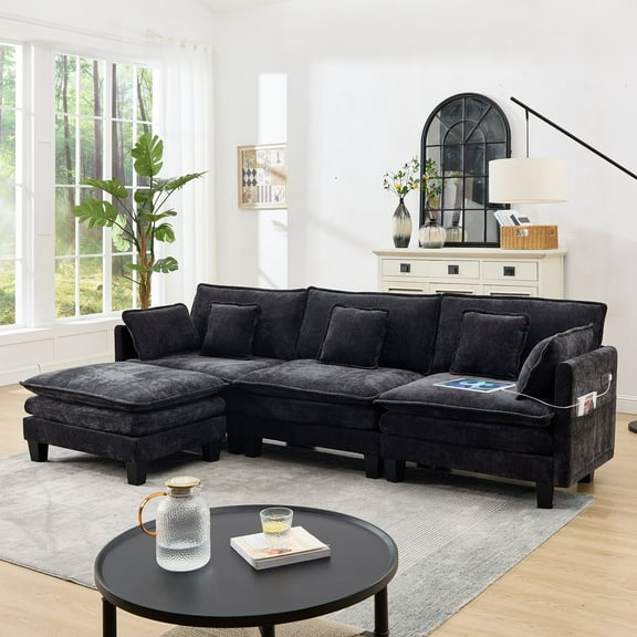 MAXMAXX 108" Modular Sectional Couches for Living Room with Ottoman, L Shaped Cloud Couch with Charger, USB & Type-c Port, Comfy Sofas with Deep Seat, Chenille Fabric, Black