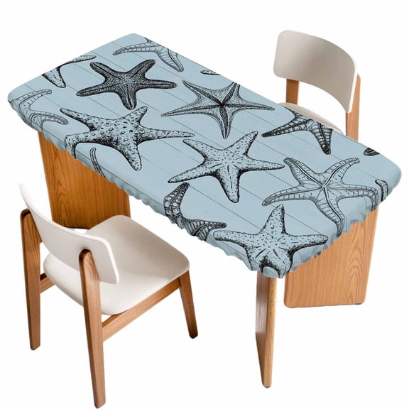 Teal Blue Starfish Table Cloths for 5 Foot Rectangle Tables, Coastal Ocean Summer Sea Nautical Patio Waterproof Elastic Fitted Tablecloths, Washable Rectangular Table Cover for Camping