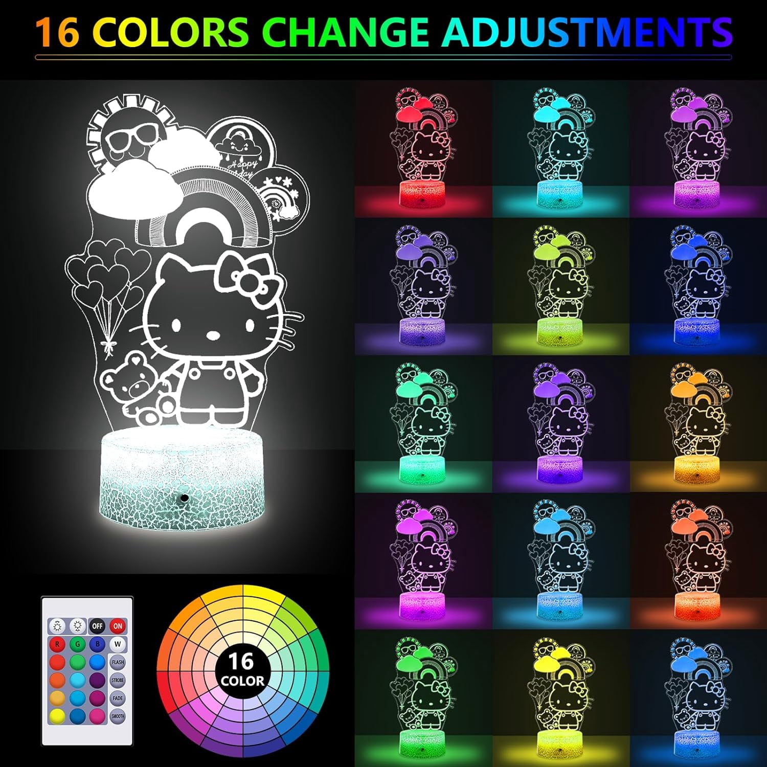 Aorsher Cute Cat Night Light for Kids, LED Cat Night Light with 16 Colors Dimmable Remote Control and Luminous Base, Bedroom Decoration Gift for Christmas Birthday Girls