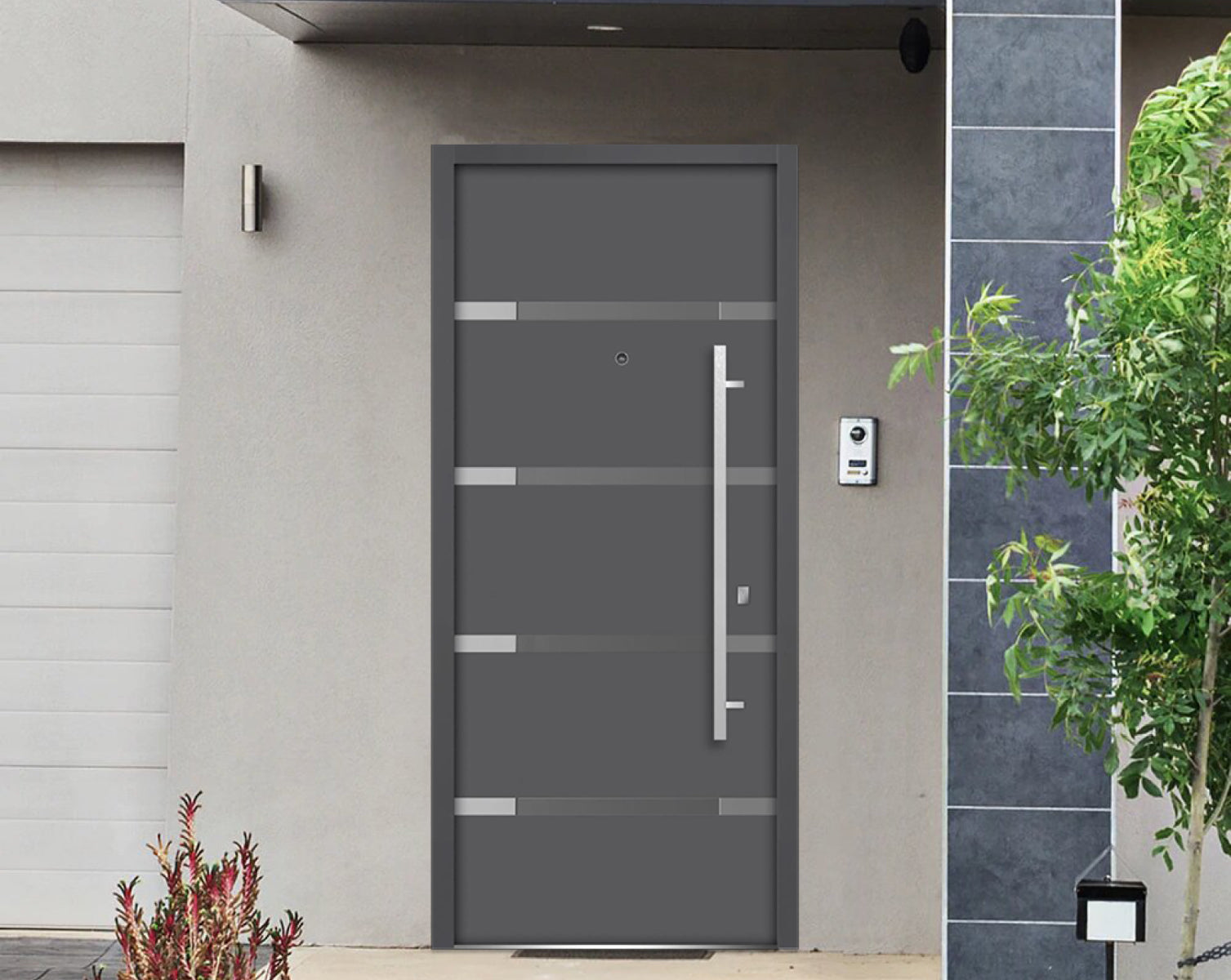 Front Exterior Prehung Glass Steel Door 36 x 80 inches Right-Hand / Deux 1105 Gray Graphite / Lite and Stainless Inserts Single Modern Painted White