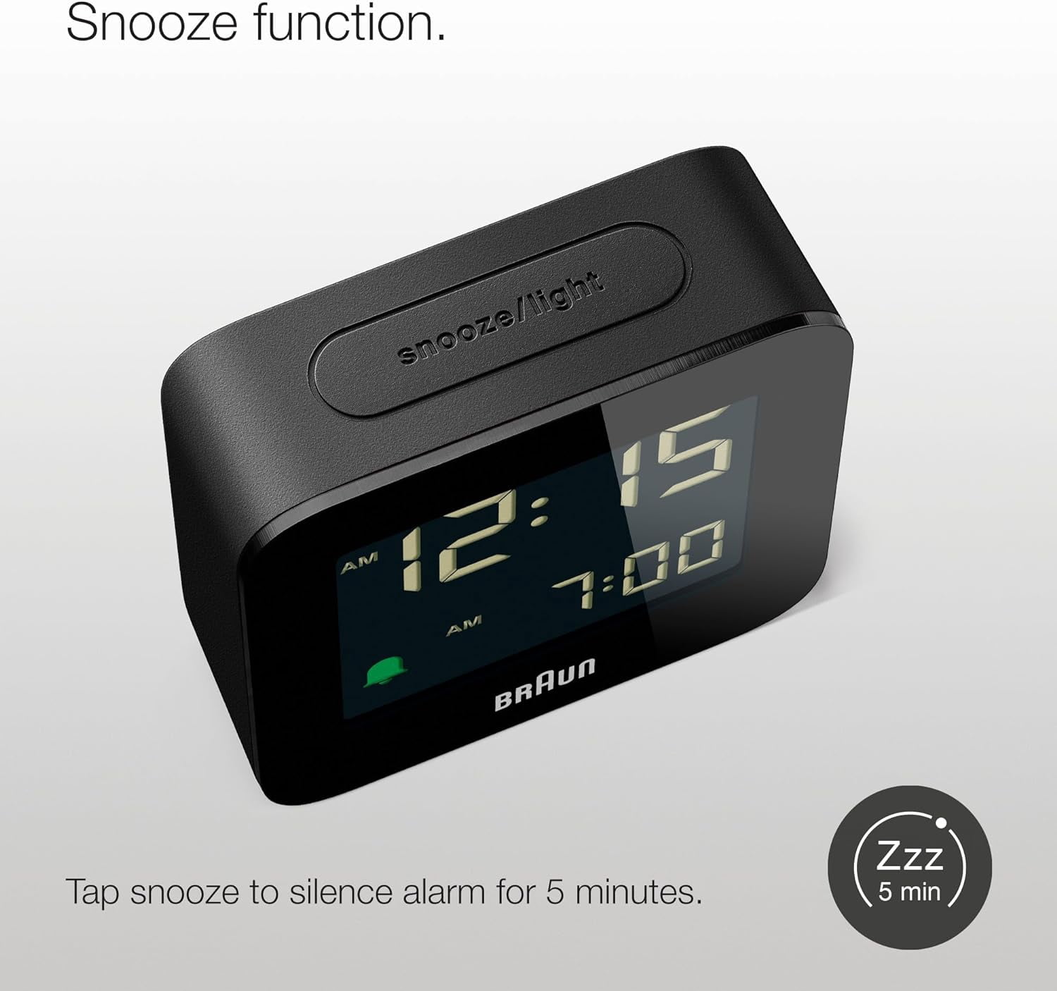 Braun Digital Travel Alarm Clock with Snooze, Compact Size, Negative LCD Display, Quick Set, Crescendo Beep Alarm in Black, model BC08B.