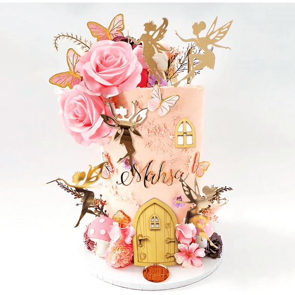 Fairy-Themed Cake Decoration Set—Pink Roses, Butterflies, and Gold Silhouettes to Add a Touch of Magic to Your Enchanted Party