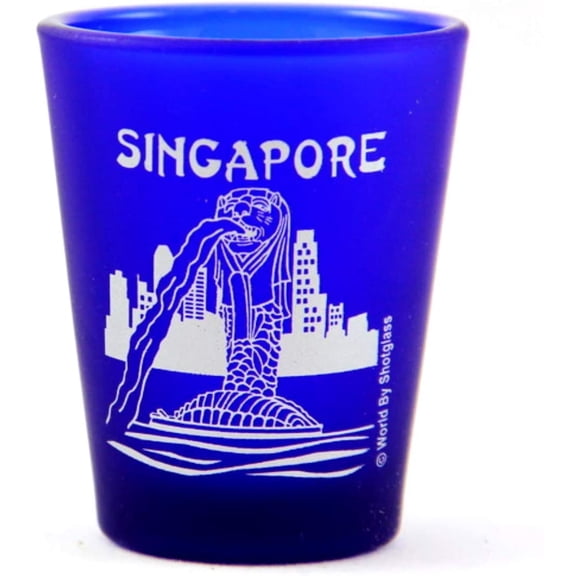 Singapore Merlion Fountain Cobalt Blue Frosted Shot Glass