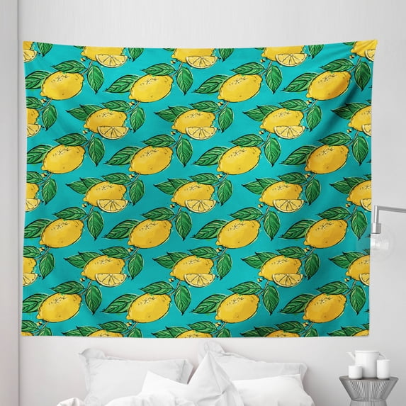 Vegetarian Tapestry, Hand Drawn Abstract Pattern with Lemons on Blue Background Healthy Citrus, Fabric Wall Hanging Decor for Bedroom Living Room Dorm, 5 Sizes, Teal Green and Yellow, by Ambesonne