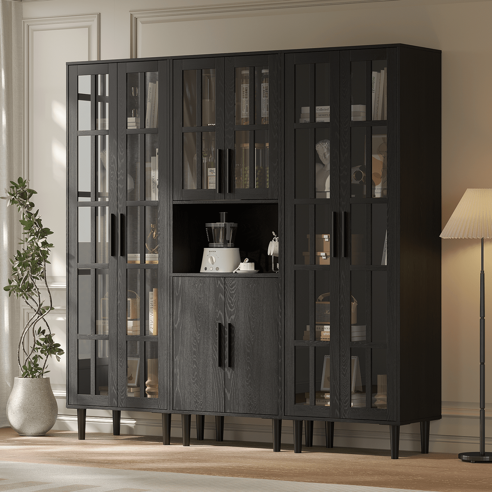 RichYa 3Pcs Bookcases with Doors,5-Tier Bookshelves with Storage Cabinet,Combination Display Cabinets for Home Office,Black(AAC)