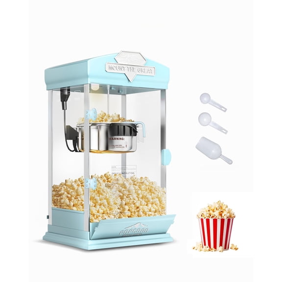 8 Oz Popcorn Machine, Tabletop Popcorn Maker, Countertop Pop Corn Machine Makes Up to 32 Cups, Movie Theater Popcorn Popper Machine with Stainless-Steel Kettle for Home Family, 300 W, Cyan