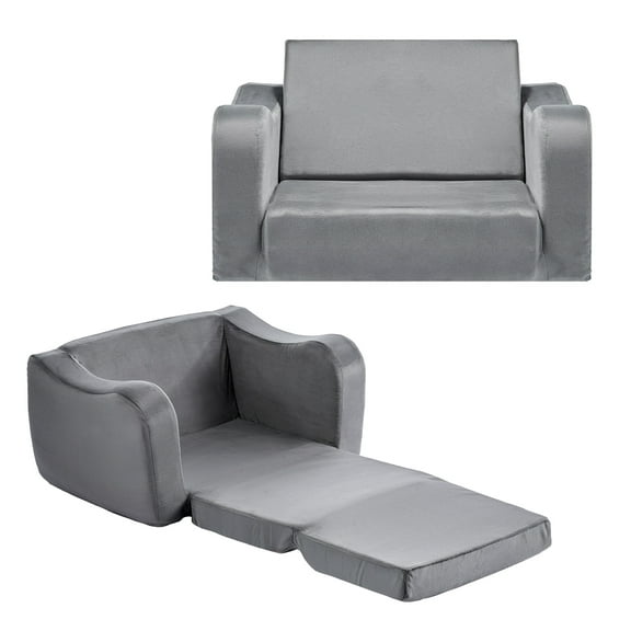 KFFKFF 2-in-1 Children's Sofa, Foldable Soft Couch with Armrests, Crafted with 28D Sponge & Short Pile Fabric, Transforms from Toddler Chair to Lounger, Ideal for Playtime, Medium Size, Gray